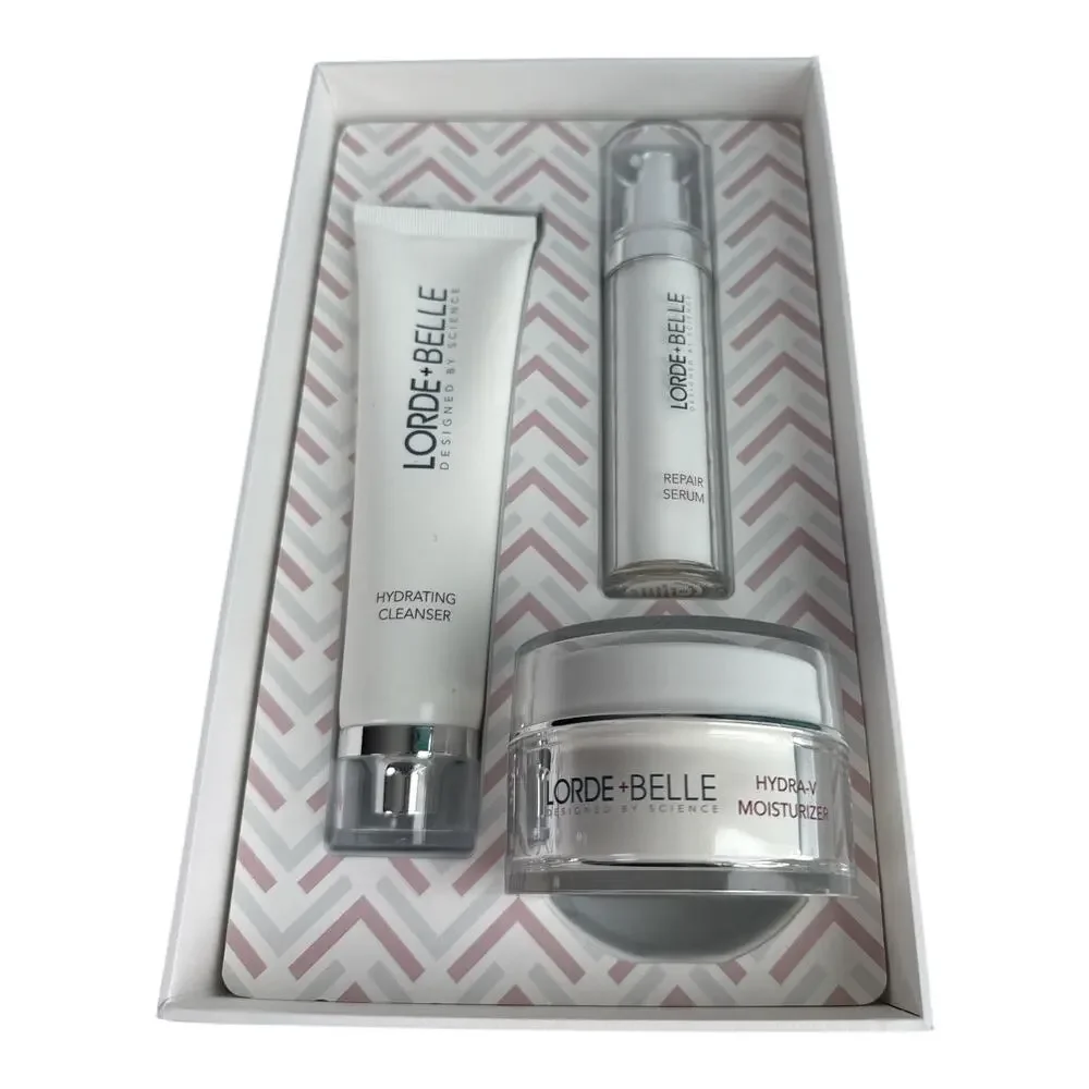 Lorde + Belle 3-Piece Skincare Set Cleanser Repair Serum Hydra-V Moisturizer NWT